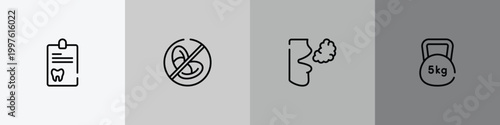 healthy outline icon set featuring dental record, prohibition, bad breath, weights icons.