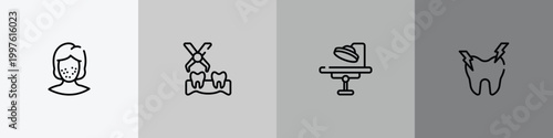 dental outline icon set featuring pimples, extraction, operating room, hypersensitive icons.