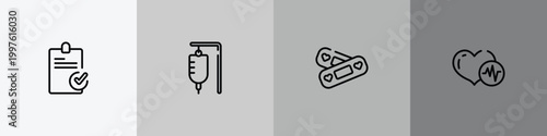 health outline icon set featuring stais, serum bag, lovely aid band, heart beats icons.