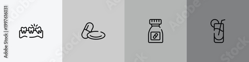 health outline icon set featuring misaligned, 2 pills, medicine pills container, fresh soda glass icons.