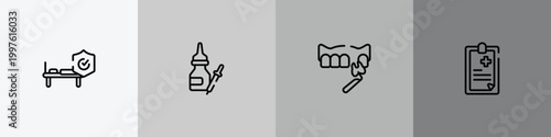 medical outline icon set featuring hospitalization, drops of medicine, veneer, clinic history icons.