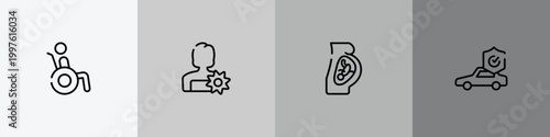 insurance outline icon set featuring wheelchair accesibility, woman with flower, fetus, car insurance icons.
