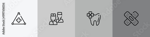 hospital elements outline icon set featuring warning triangular, two nurses, trebol, null icons.