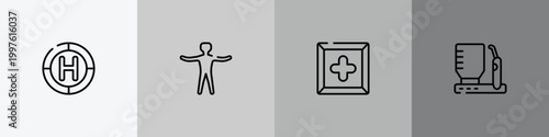dental care outline icon set featuring heliport, standing human body, cross inside a square, dental irrigator icons.