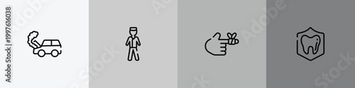 insurance outline icon set featuring car crash, male surgeon wearing uniform, bandaged hurt finger, dental insurance icons.