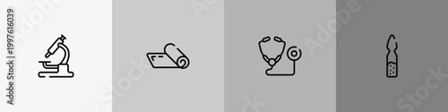 medical and dental outline icon set featuring lab microscope, yoga mat, medical stethoscope variant, ampoul icons.