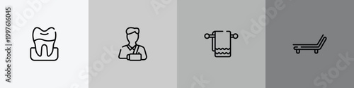relaxing in a spa outline icon set featuring premolar, broken arm, cloth towel, deckchair icons.