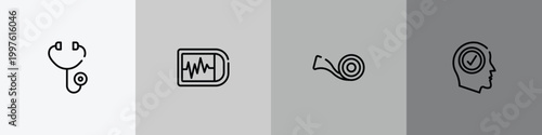 psychology outline icon set featuring diage, ekg monitor, medical tape, positivity icons.