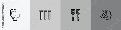 world cancer awareness outline icon set featuring iv bag, sample tube, electrotherapy, hope icons.