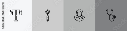 medical services outline icon set featuring iv pole, mouth mirror, doctors, phonendoscope icons.