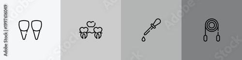 alternative medicine outline icon set featuring incisor, denture, ear dropper, jumping rope icons.