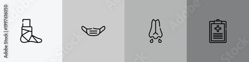 medical kit outline icon set featuring broken leg, dentist mask, mucus, medical result icons.