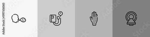 medical services outline icon set featuring cough, sphygmomanometer, allergic, magnetic resonance icons.