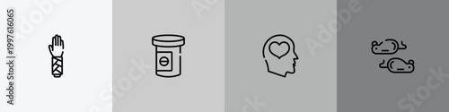 biochemistry and medicine outline icon set featuring splint, antidepressants, mental health, mice icons.