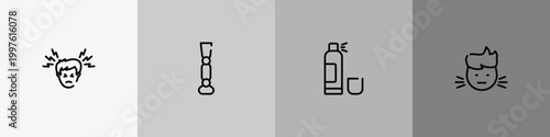 dentist outline icon set featuring headache, prosthesis, null, sick boy icons.