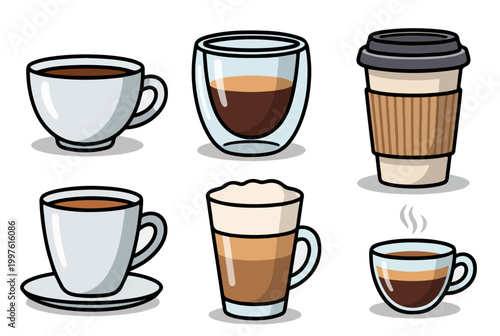 Coffee cups collection flat illustration set