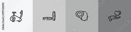 biochemistry and medicine outline icon set featuring stationary bike, lozenge, feelings, medical care icons.