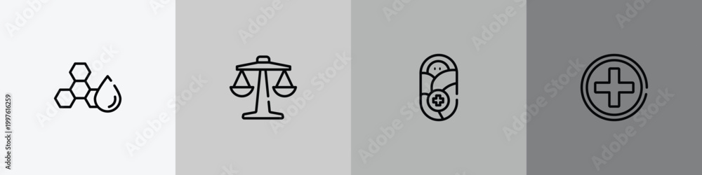 Fototapeta premium hospital outline icon set featuring trans fat, weigh scale, pediatrics, red cross icons.
