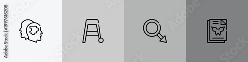 mental health outline icon set featuring psychologist, walker, masculine, inkblot test icons.