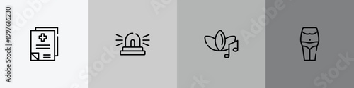 medical outline icon set featuring medical records, ambulance lights, music therapy, belly icons.