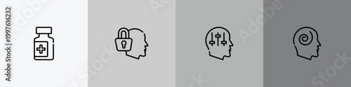 alternative medicine outline icon set featuring drug container, secret, manipulation, hypis icons.