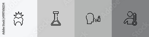 allergies outline icon set featuring toothache, medical lab, asthma, fever icons.