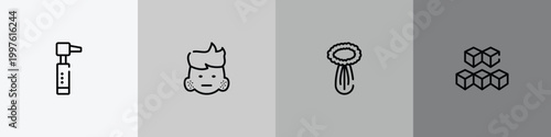 allergies outline icon set featuring otoscope, swelling, celery, sugar cube icons.