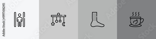 therapy outline icon set featuring inversion therapy, crib mobile, urticaria, herbal tea icons.