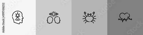 medical services outline icon set featuring phobia, conflict, seafood, ecg icons.