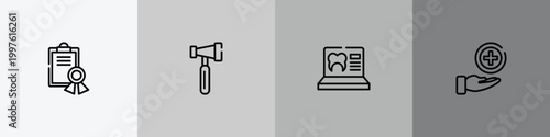 hospital outline icon set featuring medical certificate, reflex hammer, null, medical service icons.