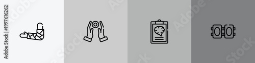 physiotherapy outline icon set featuring broken hand, reiki, mental checklist, knee pad icons.