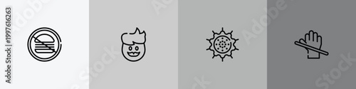 allergies outline icon set featuring no junk food, dad, pollen, latex icons.