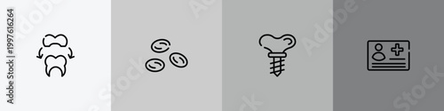 hospital outline icon set featuring dental crown, blood cells, dental implant, medical card icons.
