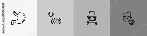 blood donation outline icon set featuring stoh, bacterium, baby chair, sleep deprivation icons.
