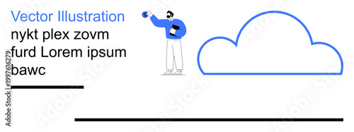 Cloud computing, data sharing, online storage, digital services, remote access, technology integration. Person holding device near outlined blue cloud illustration. Cloud computing and data sharing