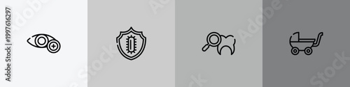 baby outline icon set featuring ophthalmology, immunity, dental checkup, buggy icons.