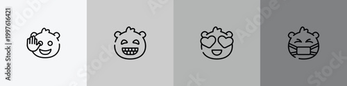 emoji outline icon set featuring hello emoji, grinning emoji, in love sick icons.
