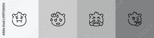 emoji outline icon set featuring nauseated emoji, sweating emoji, with steam from e, suspicious icons.