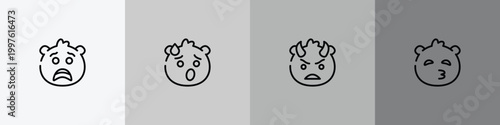 emoji outline icon set featuring scared emoji, exhausted emoji, angry with horns kissing with closed eyes icons.