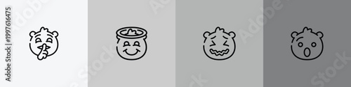 emoji outline icon set featuring quiet emoji, smiling with halo emoji, stress hushed icons.