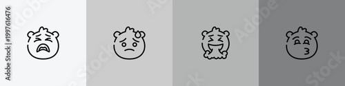 emoji outline icon set featuring tired emoji, downcast with sweat emoji, vomit kissing with smiling eyes icons.