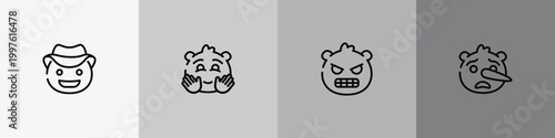 emoji outline icon set featuring cowboy hat emoji, happy emoji, nervous liar icons.