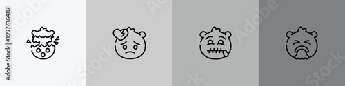 emoji outline icon set featuring exploding head emoji, broken heart emoji, secret disgusted icons.