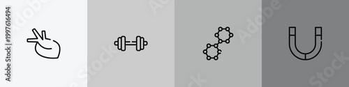 chemistry outline icon set featuring organ, dumbell, nano technology, magnets icons.