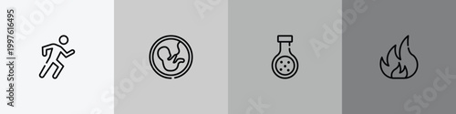 laboratory outline icon set featuring physical, embryo, chemical reaction, flammable icons.
