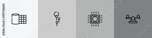 education outline icon set featuring gauze, fertility, microprocessor, balancer icons.