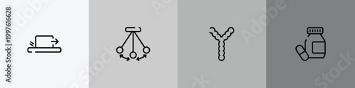 research & science outline icon set featuring friction, pendulum, chromosome, medicines icons.