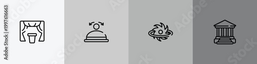 physics outline icon set featuring curtain, convex, black hole, academy icons.