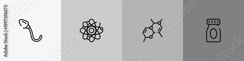 science outline icon set featuring spermatozoon, neutrons, chemical bond, medication icons.