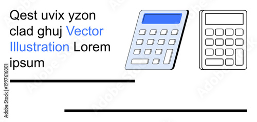 Finance, education, budgeting, accounting, calculation, organization. Two calculators, one colored and one in outline placed near text. Finance and education concept